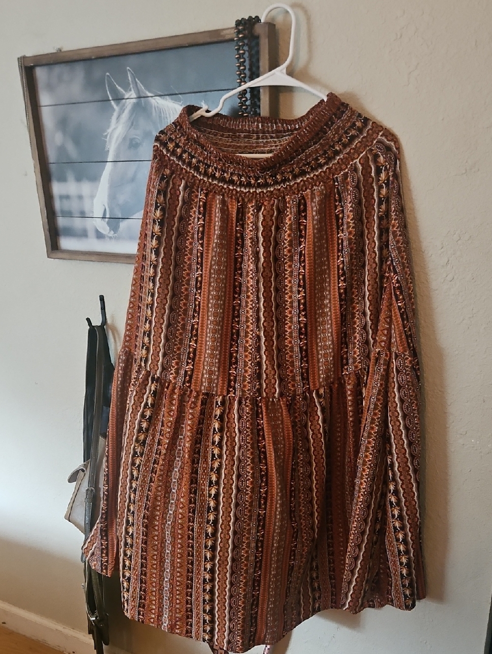 Boho Rust Striped Peasant Dress